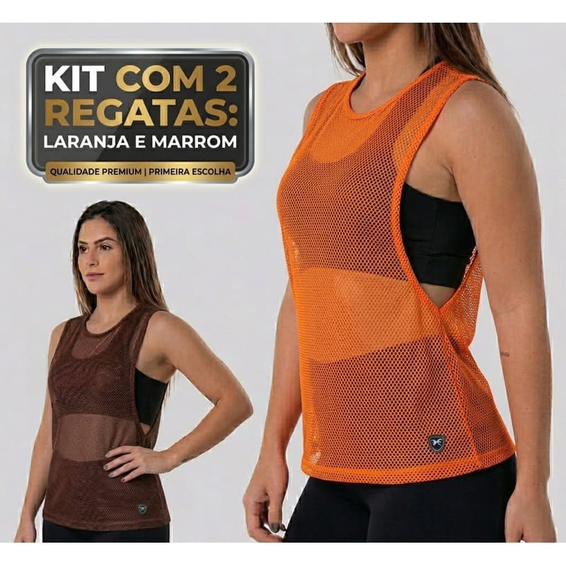 KIT COM 2 LARANJA MARROM CAMISETA REGATA FEMININA TULE TRANSPARENTE SOBREPOSIÇÃO ACADEMIA FITNESS
