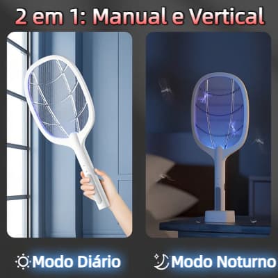 Raquete Elétrica Recarregável Funciona como Armadilha UV Base Vertical Segura Eficiente Elimina Mosquitos e Percevejos