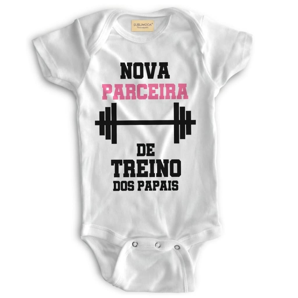 💪🏼 Body Bebê Personalizado - Nova Parceira de Treino - Poliéster + Elastano - Estica! 🍼🏋️‍♀️