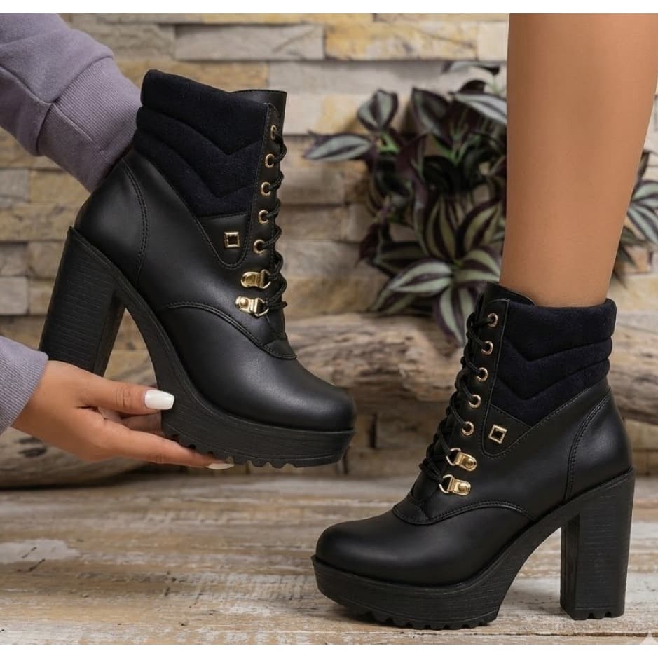 Coturno Feminino Plataforma Tratorado Salto Alto Rock Gótico Metal Zíper Dourado Bota Estilosa