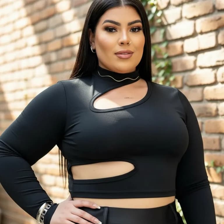 Cropped Feminino Plus Size Suplex Manga Longa com Recortes Tendencia Sensual Look Plus Size Moda Gringa