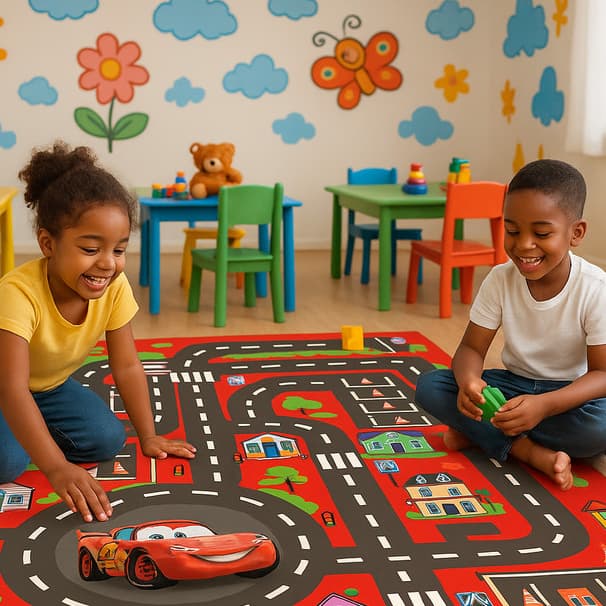 Tapete de Pista de Carros Infantil em Lona - Relâmpago McQueen Desenho Animado - 100x65cm