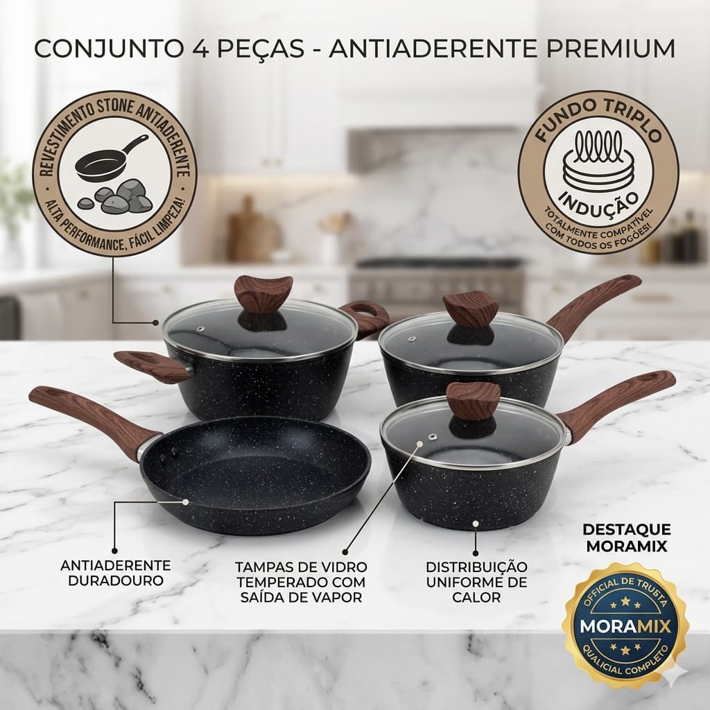 Conjunto 04 Peças Panelas Antiaderente Tampa Vidro Panelas Caçarolas Cozinha Frigideira Recipiente
