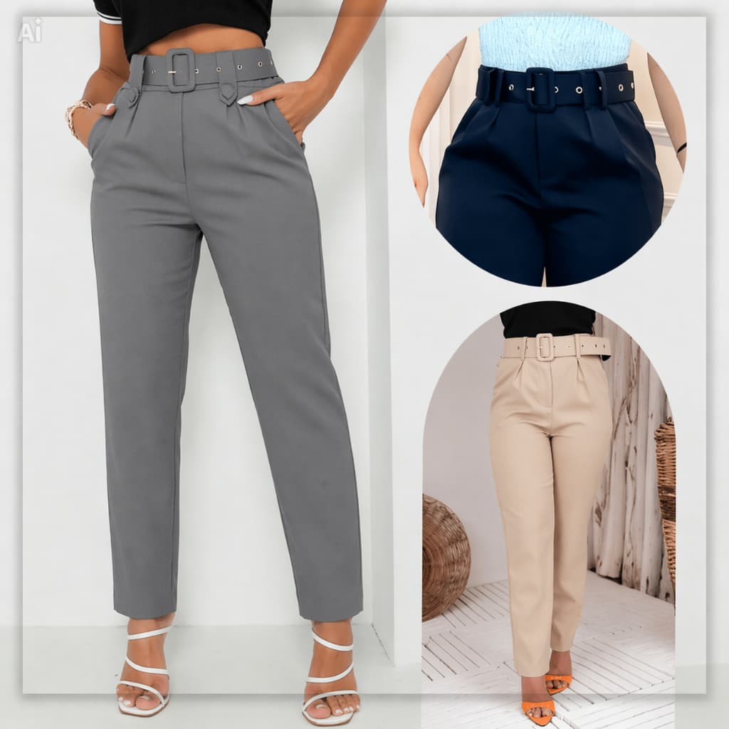 Calça Bolso Forrado Feminina Skinny Com Cinto Cintura Alta Malha Crepe Premium Com Bolso Social Slim