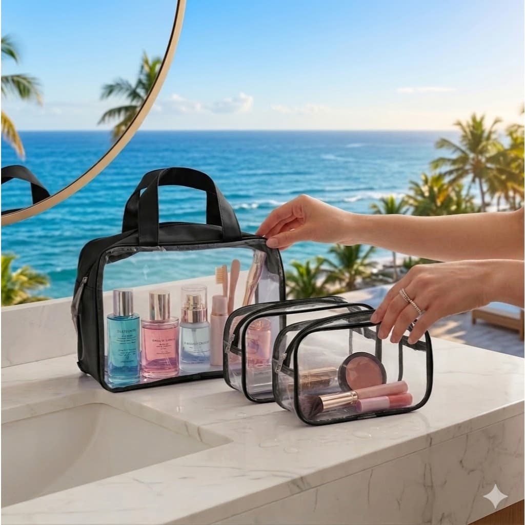 KIT 3 Necessaire Bolsa Portátil Transparente Para Viagem Cosméticos Produtos De Higiene Pessoal-Q3