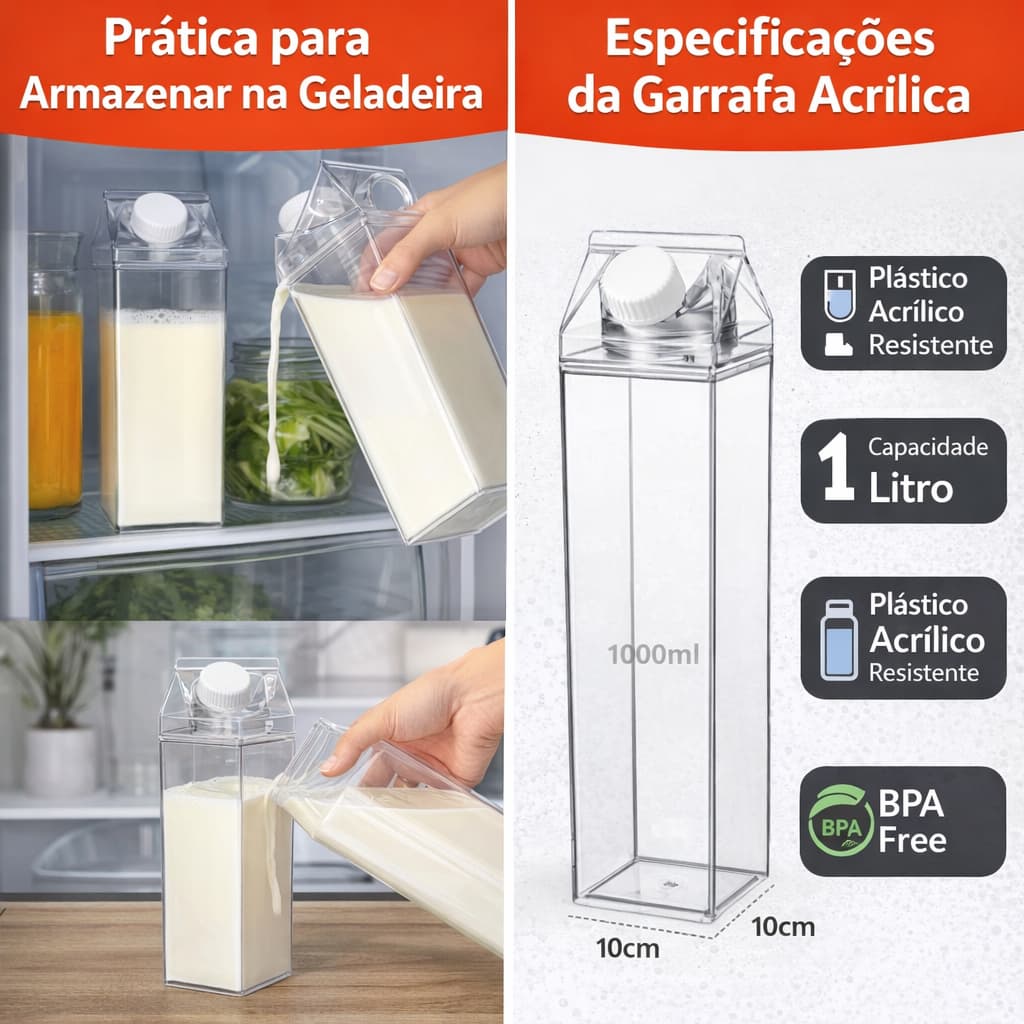 Garrafa Acrílica 1 Litro Formato Caixinha de Leite Multiuso Geladeira – Top Rio