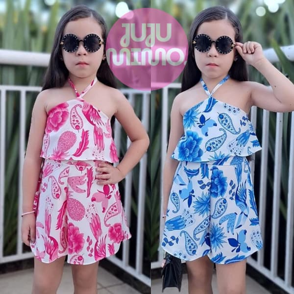 Macaquinho Infantil Menina Tecido Crepinho Estampado Floral Feminino Babado Verão Moda Bloguerinha