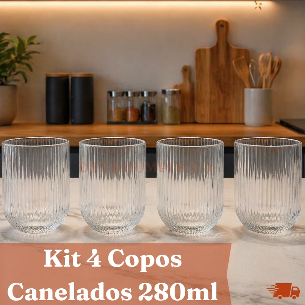 Kit 4 Copos de Vidro 280ml – Estilo Sofisticado e Premium para Cozinha e Mesa Posta