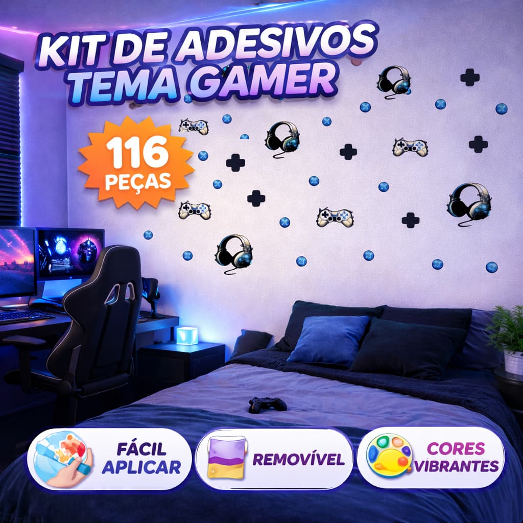 Adesivo de Parede Gamer 116 Peças – Kit Decorativo Tema Video Game para Quarto, Fácil de Aplicar