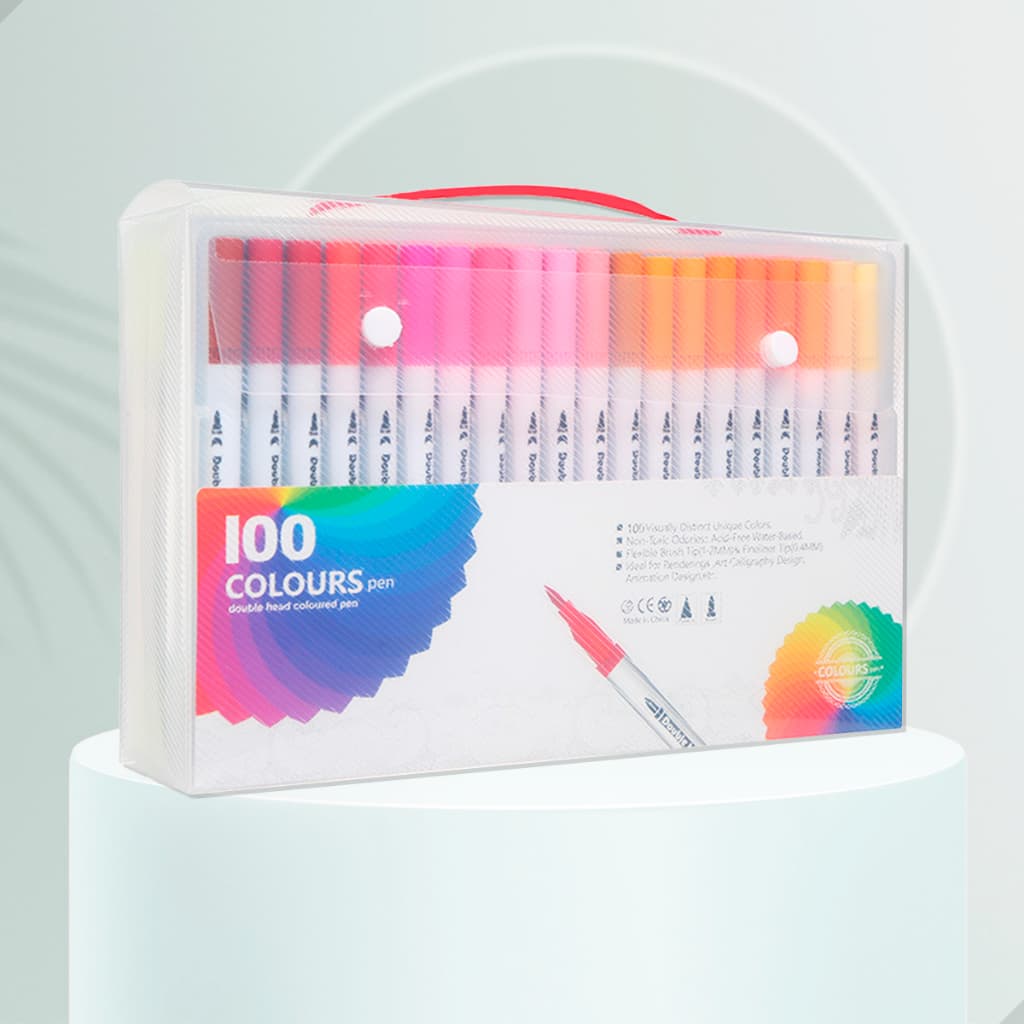 Kit Com 100 Canetas 2 em 1 Brush Pen Lettering e Ponta Fina Dual Canetinha Para Colorir Desenho