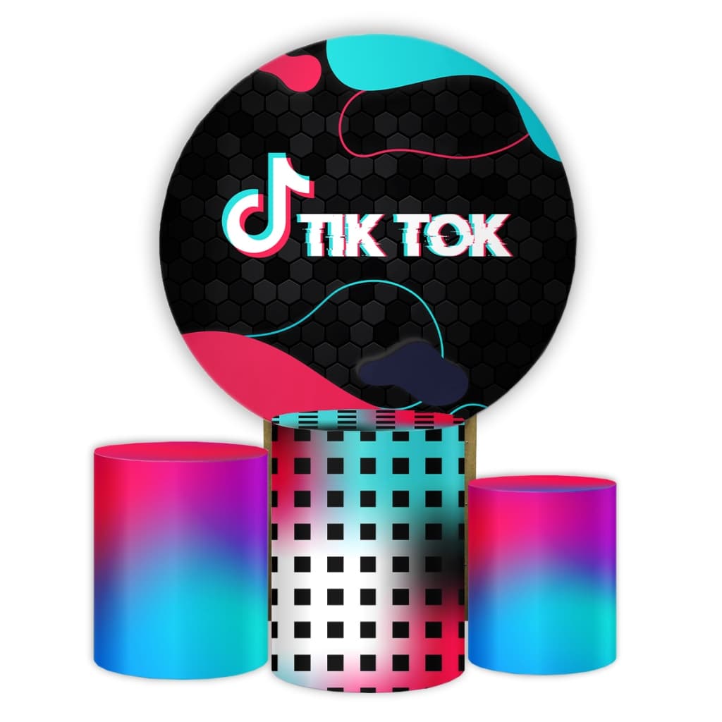Kit Capa Painel Redondo + Cilindros Decoração Festa Tema TikTok Neon Infantil Premium