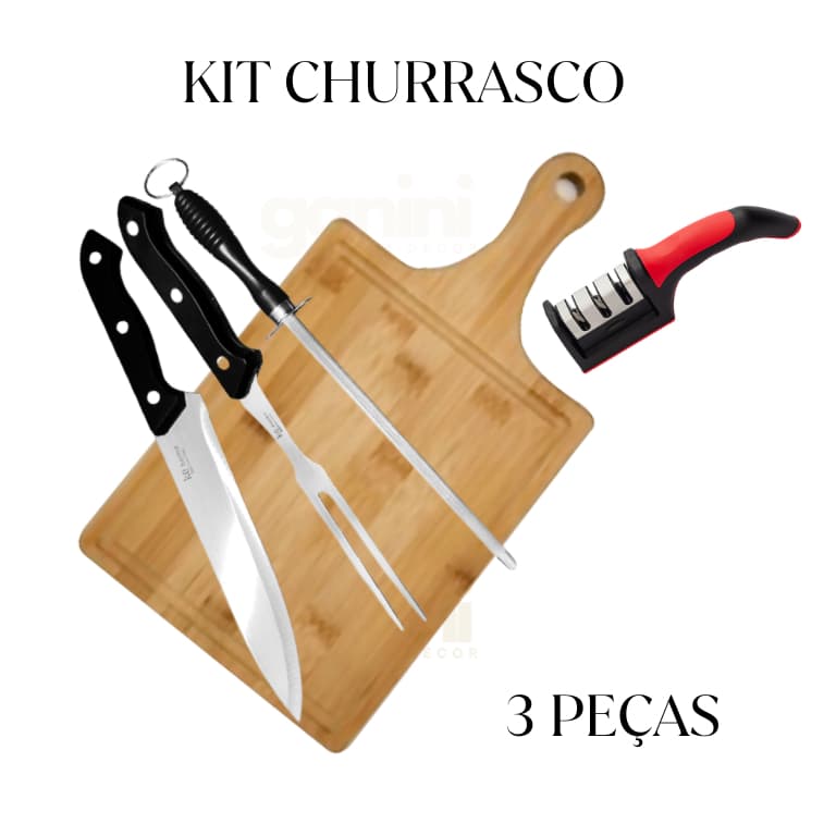 Kit Churrasco 3 peças tabua garfo faca chaira afiador e diversos modelos