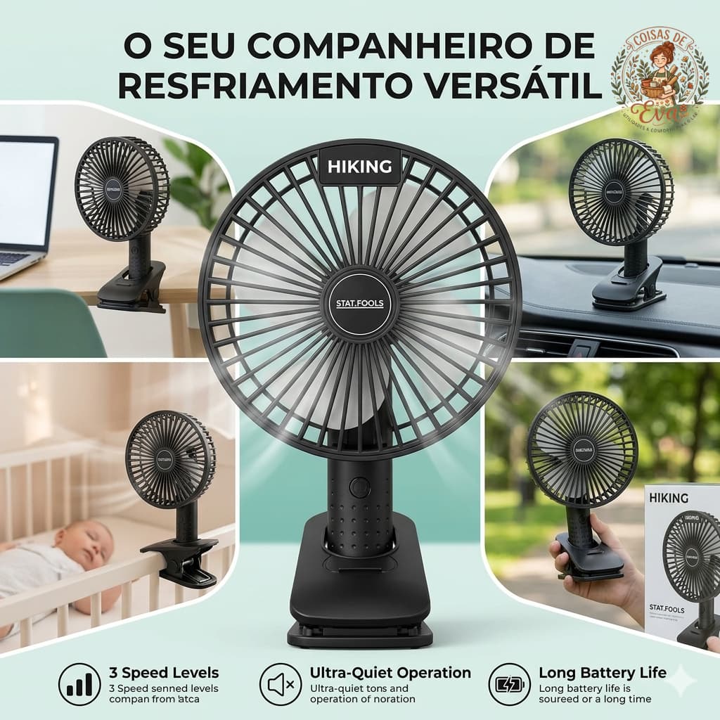 Mini ventilador de mesa portátil e recarregável com clip USB mobilidade e praticidade