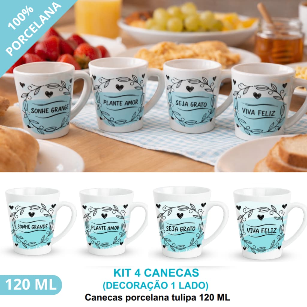KIT 4 Canecas Porcelana Tulipa 120 ML Ótima Qualidade Frases Motivação Café Chá