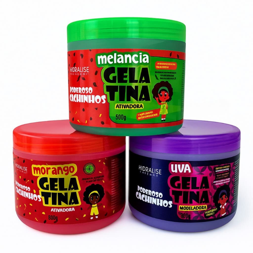 Kit 3 Gelatinas Kids Poderoso Cachinho 500g - Uva, Morango e Melancia
