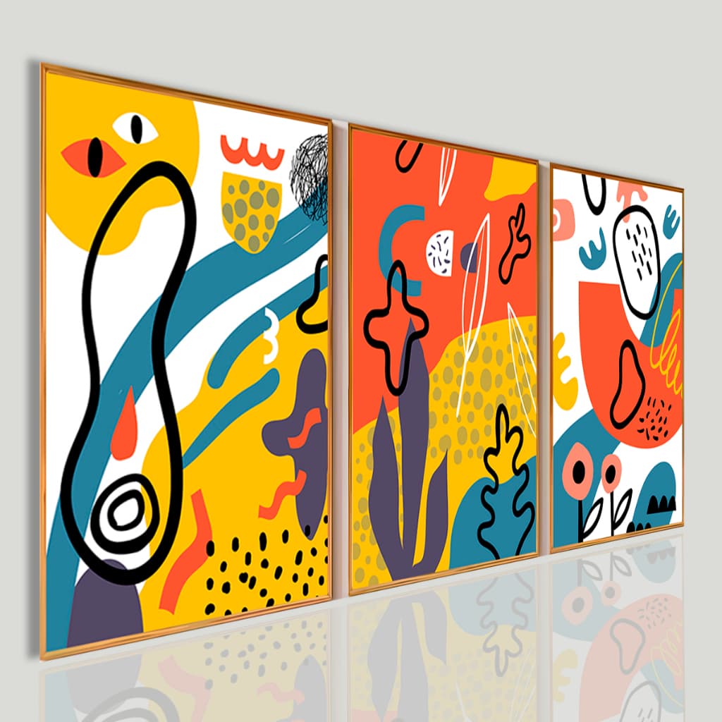 Kit 3 Quadros Decorativos Abstrato Doodle Art Colorido Moderno Luxo