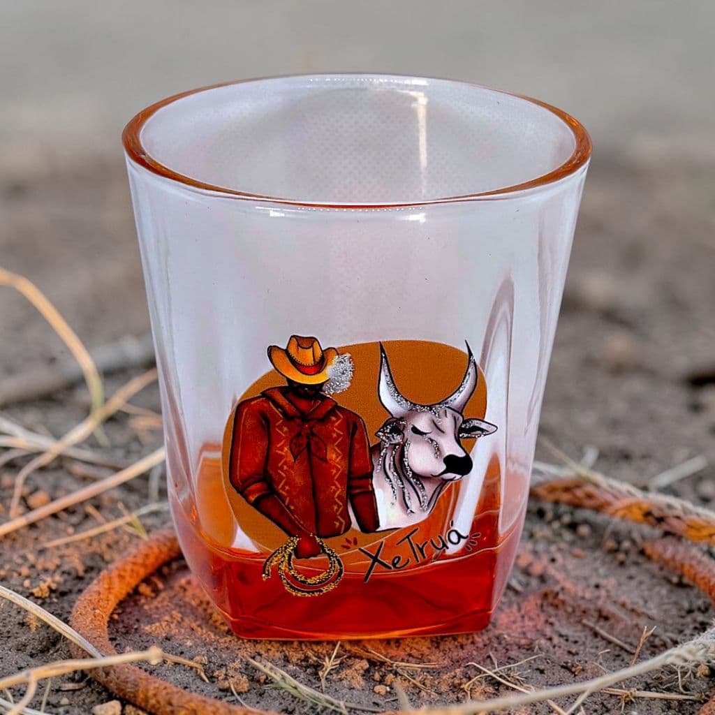 Copo Boiadeiro Whisky Fundo Laranja Umbanda Religioso Vidro Decorado Feito a mão Pronta entrega