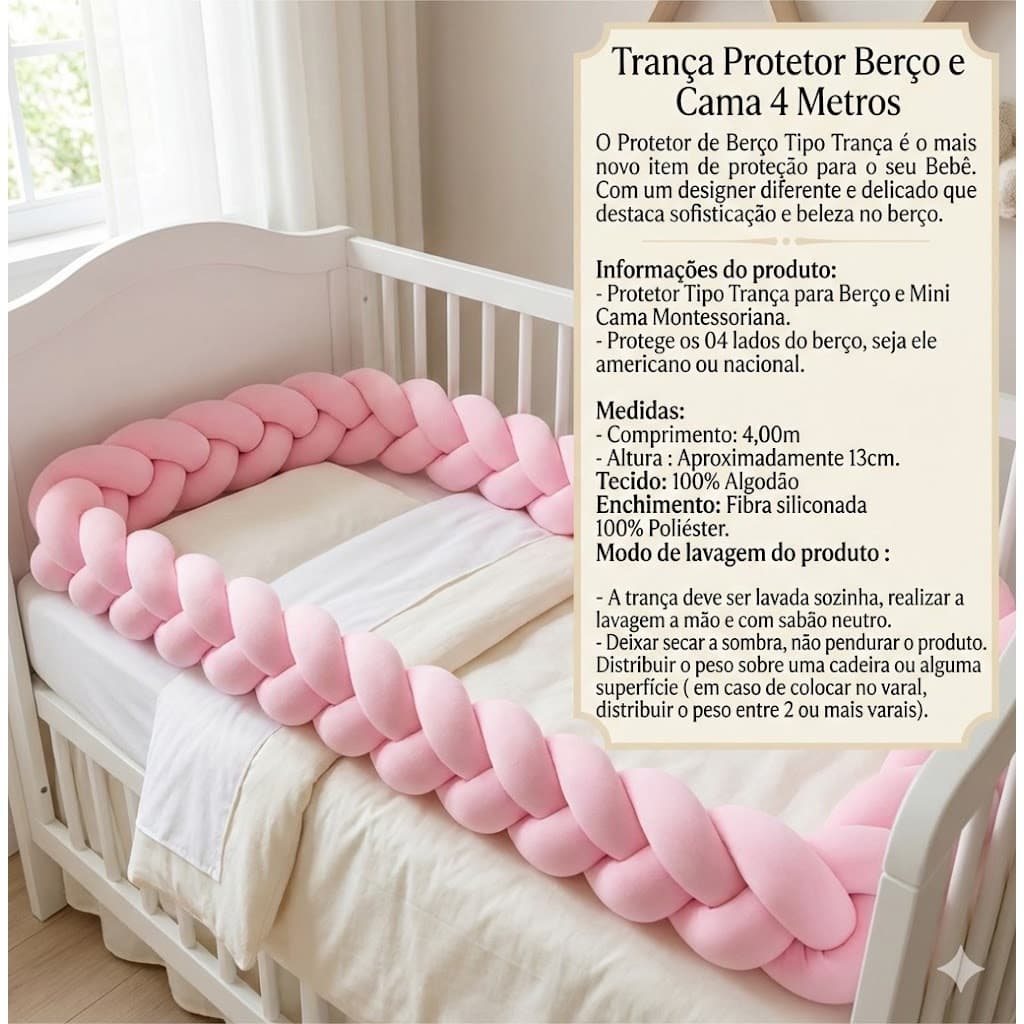 Trança 4m Protetor para Berço e Cama varias Cores