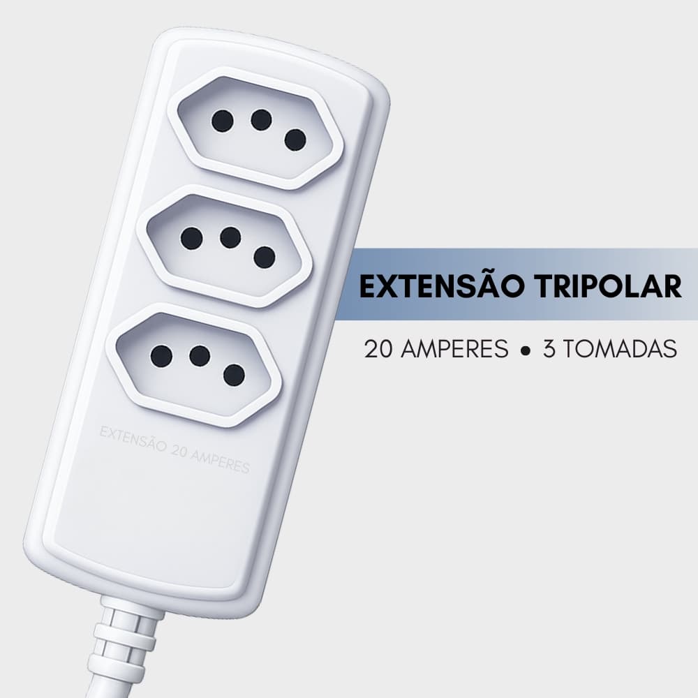 Extensão de energia 3 tomadas para ar condicionado geladeira secador 20 amperes 3 metros branco