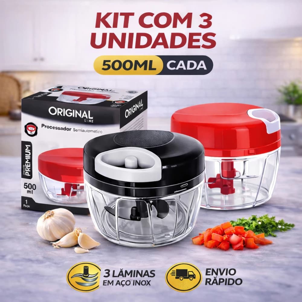 Triturador Manual 500ml | Mini Processador de Alho, Cebola e Legumes 3 Lâminas Inox Kit 3