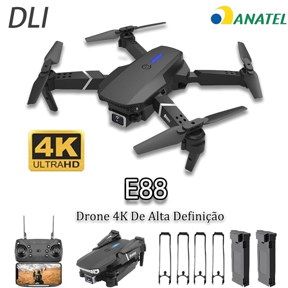 DLI Drone E88  Fotografia Aérea 4K Câmera Dupla Controle Remoto Dobrável de Fluxo+2 Baterias