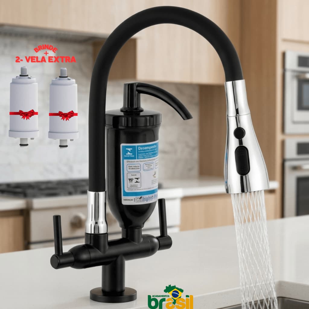 Torneira Filtro Gourmet 3 Jatos Bancada Flexível Preta Alta Pressão + 2 velas extras