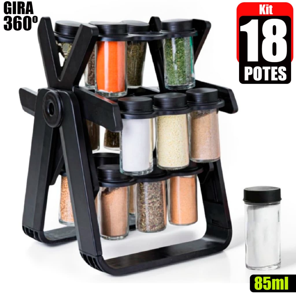 Kit 18 Potes Tempero Cozinha Porta Temperos 360º Potes de Vidro Liso + Etiquetas Condimentos Diamond