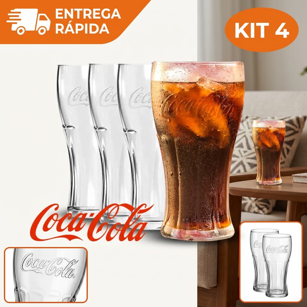 Kit jogo de 4 Copos de Coca-cola 300ml Contour Nadir Vidro Transparente - premium