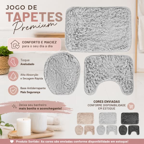 Kit Tapete de Banheiro 3 Peças Veludo Antiderrapante Macio Absorvente Jogo Conjunto
