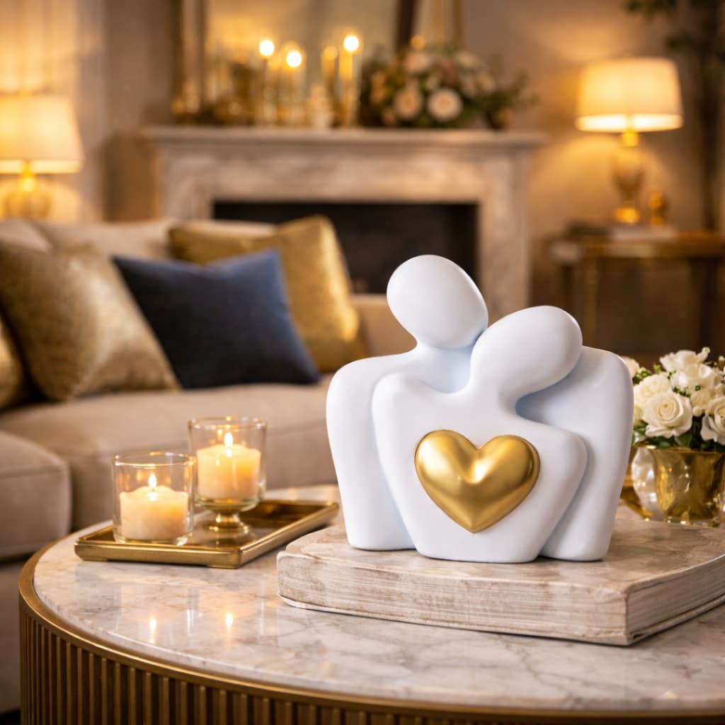 Escultura Decorativa Casal com Coração Dia dos Namorados, Enfeite Moderno, Presente Romântico Sala Luxo