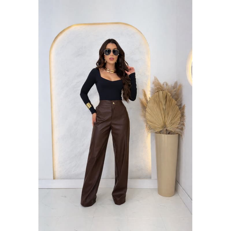 Calça de couro inverno elegante sofisticado P M G GG mulher glamourosa calça courino sintético