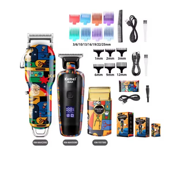 Combo PRO Original Kemei Maquina de Cortar Cabelo KM-MAX-2092 Acabamento KM-MAX-5090 Shaver KM-7098
