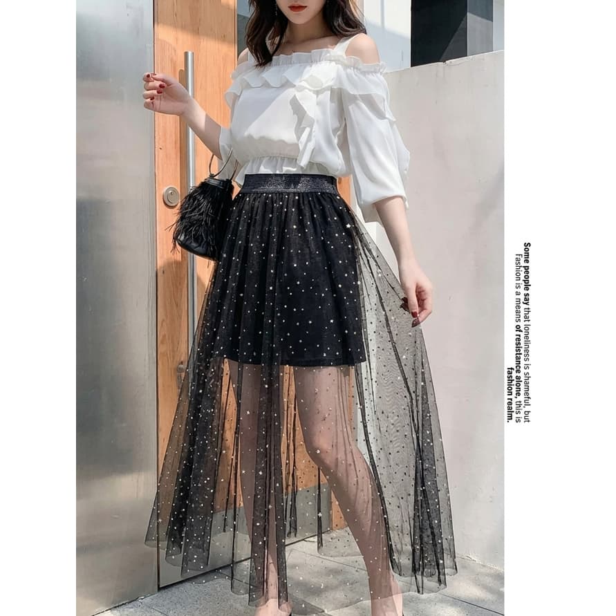 Saia Midi Tule Estrelas e Luas Harajuku Kawaii Grunge E-girl Aesthetic Brilho longa jfashion y2k