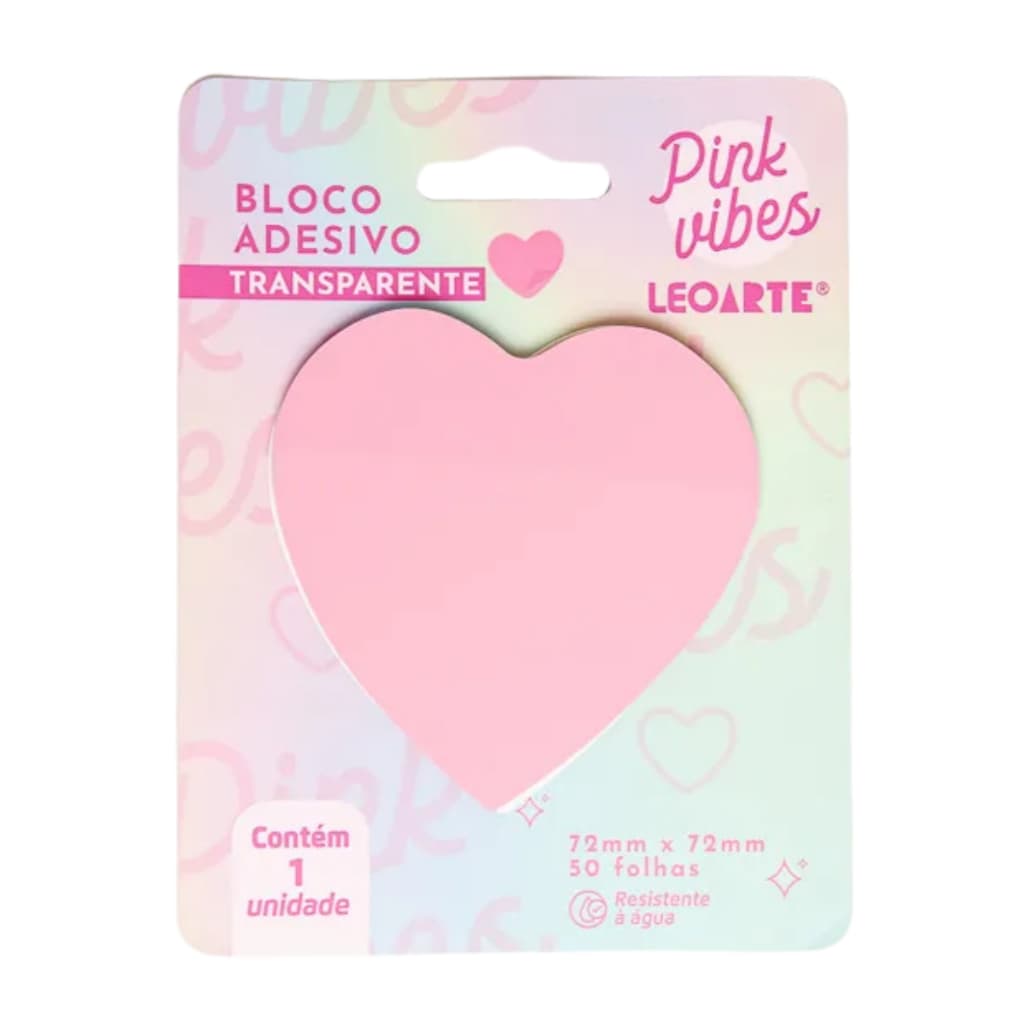 BLOCO ADESIVO PINK VIBES TRANSPARENTE CORAÇÃO 72MMX72MM 50F LEO&LEO
