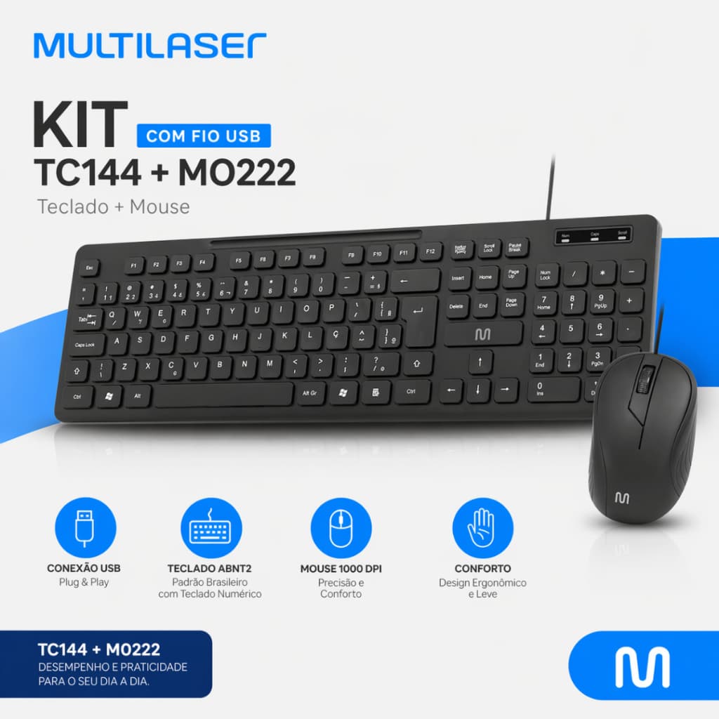 Kit Teclado Cabo 1,7m E Mouse Cabo 1,3m Com Fio Multilaser Original C/ Garantia Alta Qualidade * ENVIO NO MESMO DIA UTIL