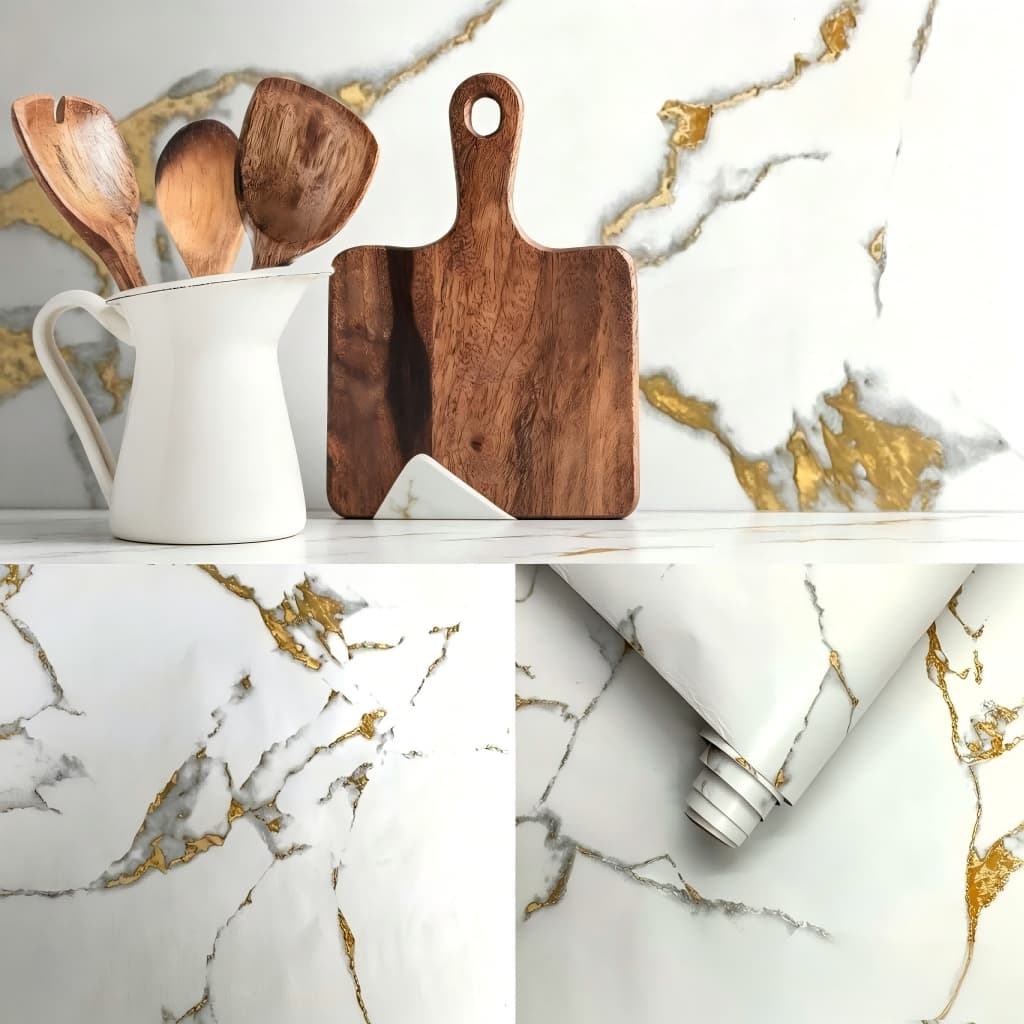 5 METROS Papel de Parede Mármore Dourado e Branco 3D Lavável Adesivo Autocolante para Sala, Quarto