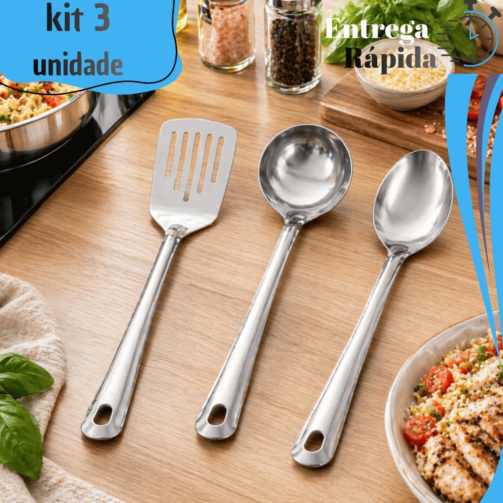 Kit Inox Cozinha Completo Colher Arroz Concha Pegador Espatula Vazada Resistente Cozinha Restaurante