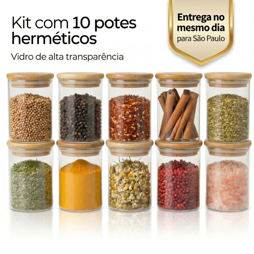 Kit 10 Potes Herméticos Vidro 250ml Tampa Bambu Redondo Temperos Cozinha Organizador Mantimentos