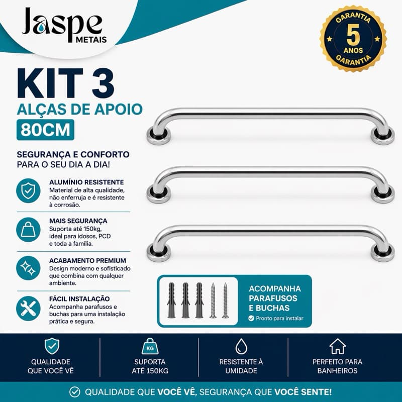 Kit 3 Alças Barra de Apoio 80cm – Segurança para Banheiro, Clínica, Piscina, Escadas e PCD