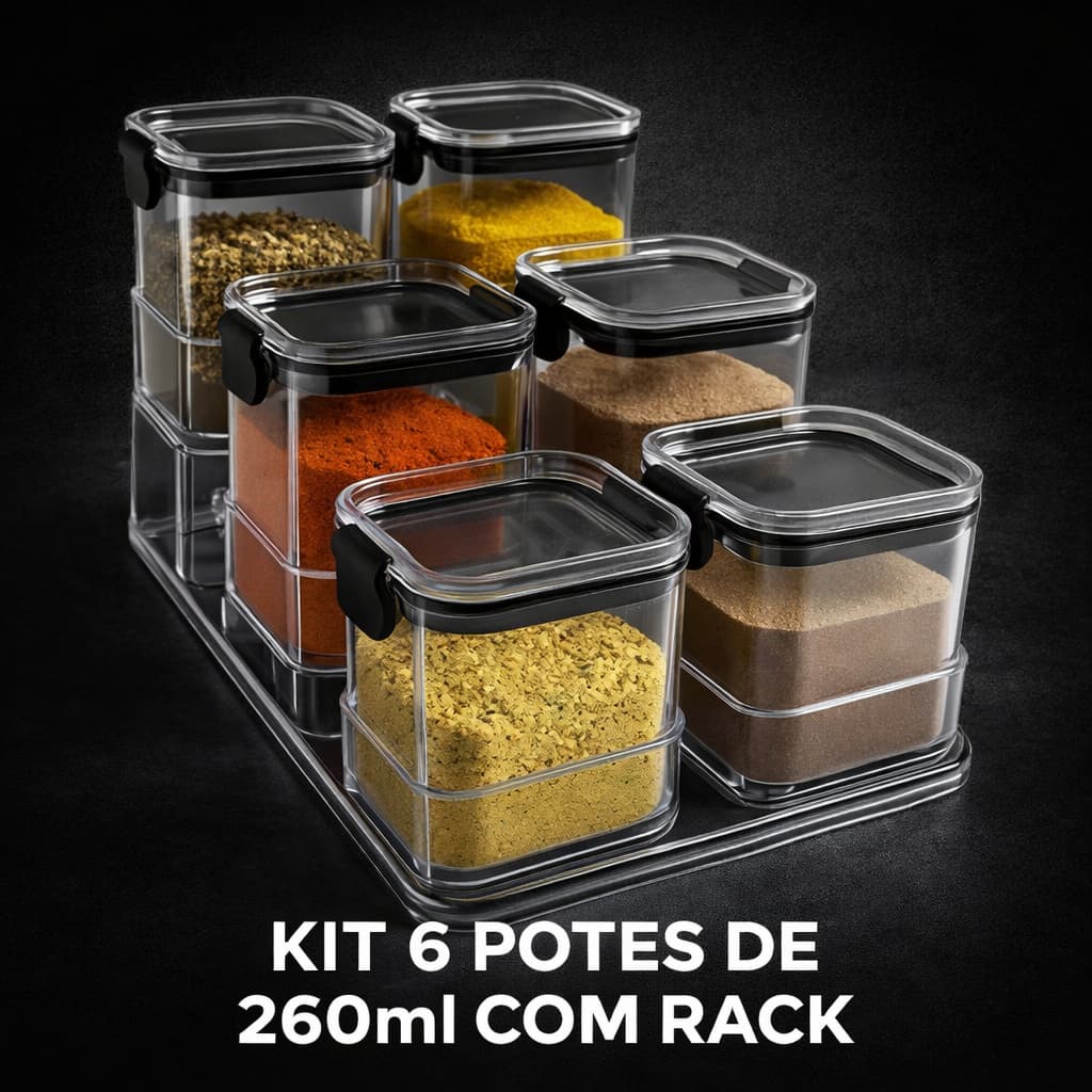 Kit 6 Potes Porta Tempero Com Rack Organizador Escada