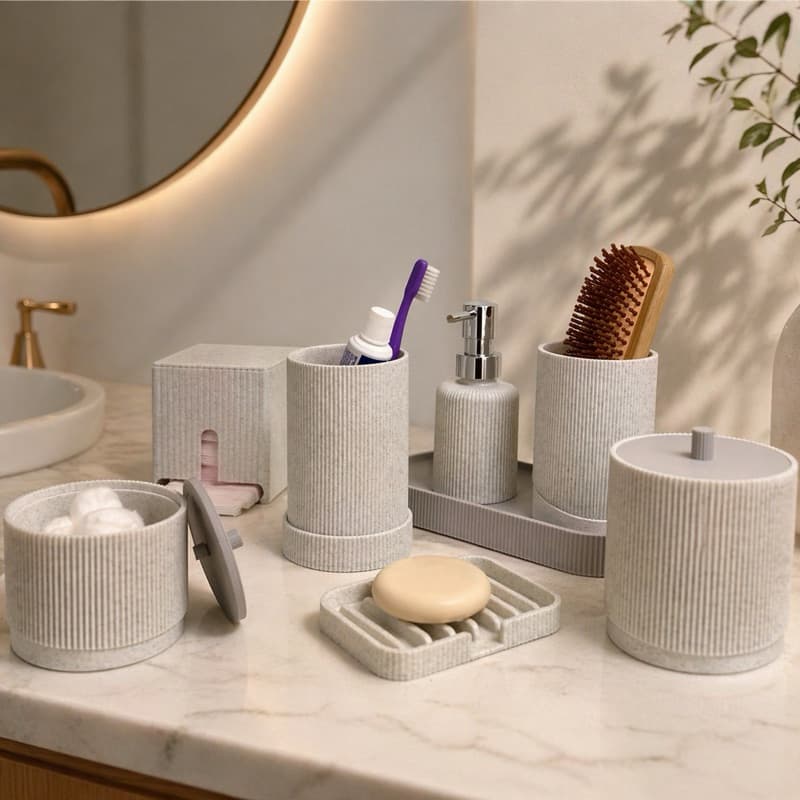 Kit Banheiro Completo 8 Peças Mármore / Organizador Premium Moderno Elegante - Porta Sabonete Escova Algodão Absorvente