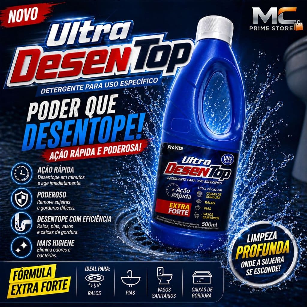 Desentupidor Líquido Ultra Forte DesenTop 500ml - Desentope Pia, Ralo, Vaso e Esgoto em Segundos Alta Potência