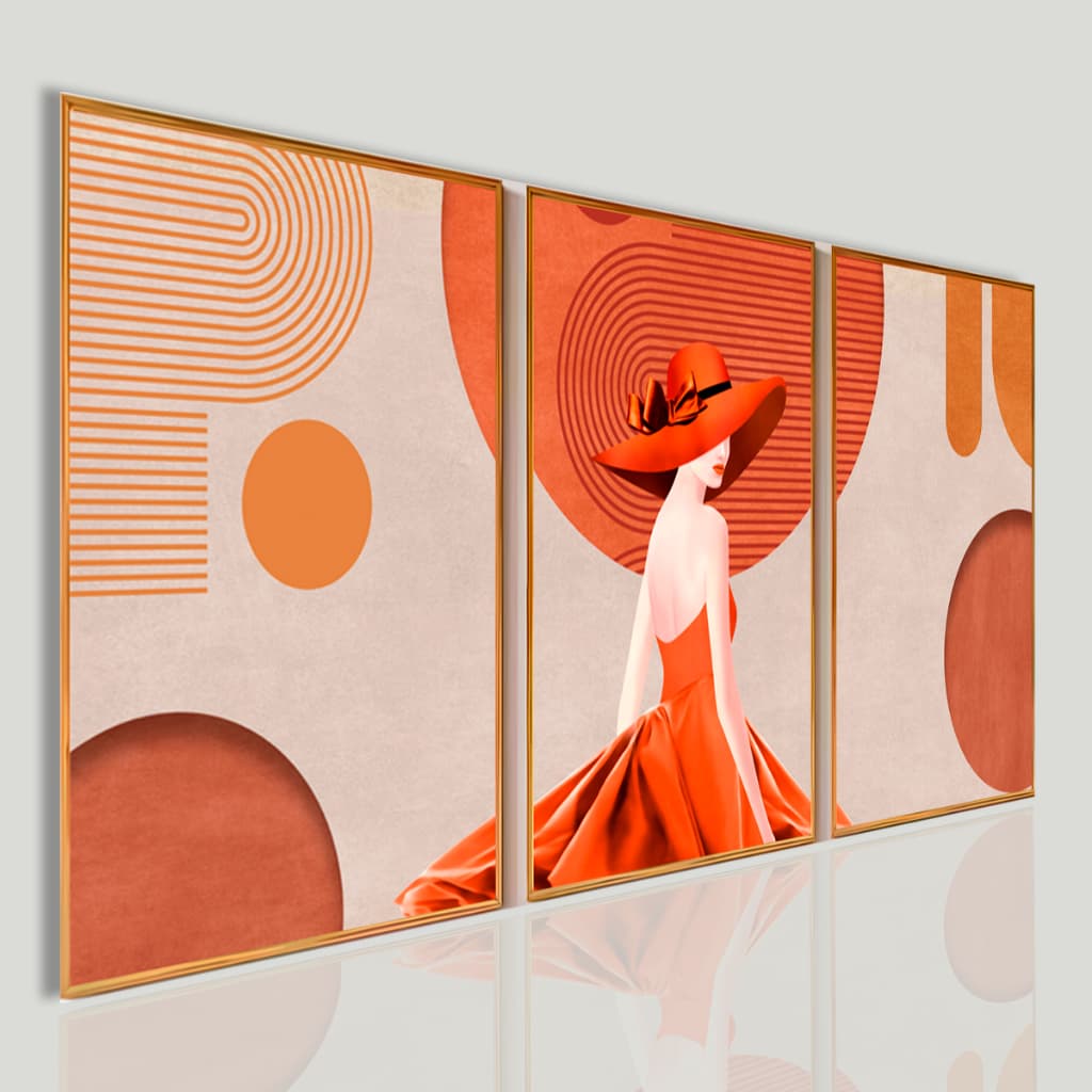 Quadro Decorativo Feminino Elegante com Vestido Laranja – Arte Moderna Abstrata para Sala e Quarto