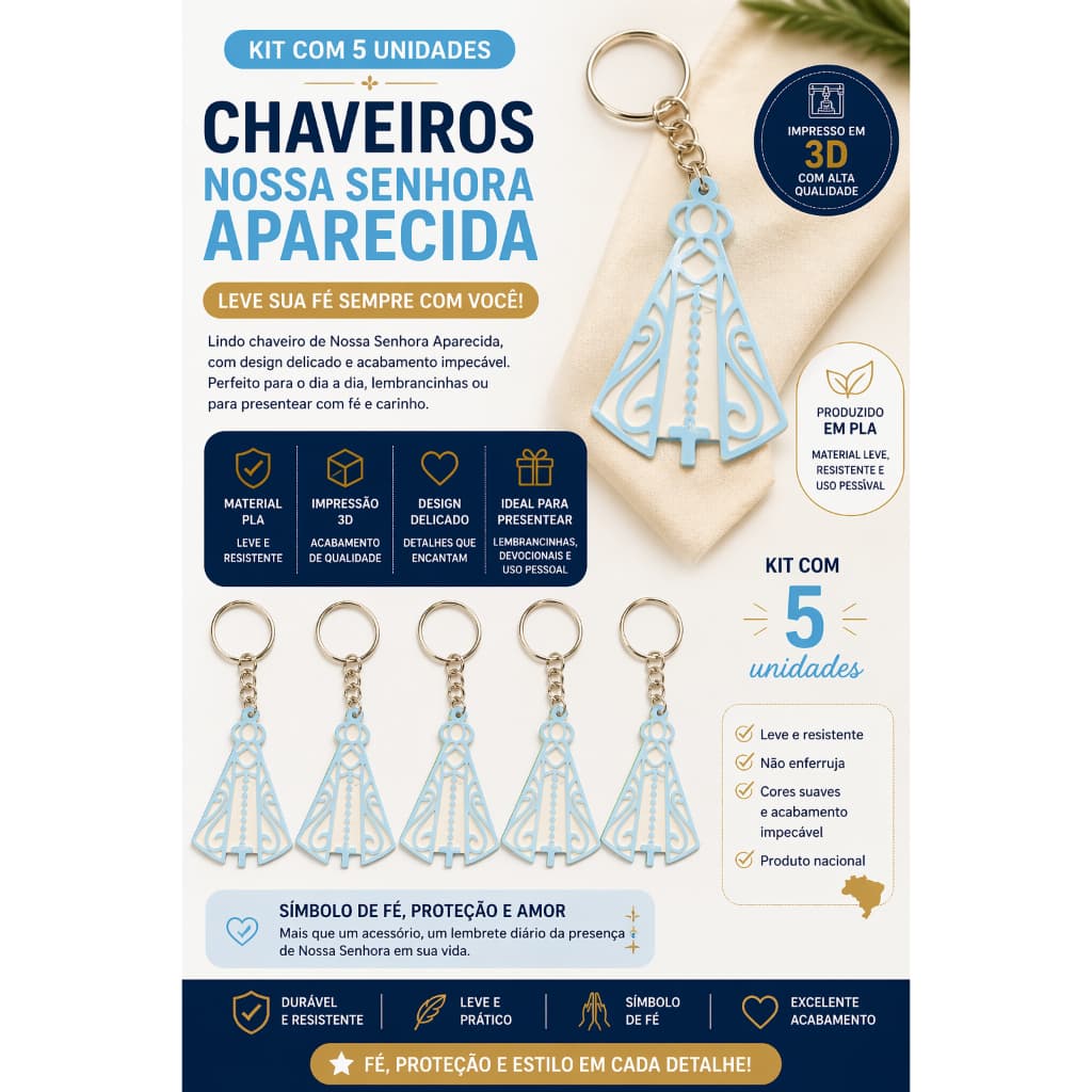 ✨ Kit com 5 Chaveiros Nossa Senhora Aparecida – Impresso em 3D PLA ✨