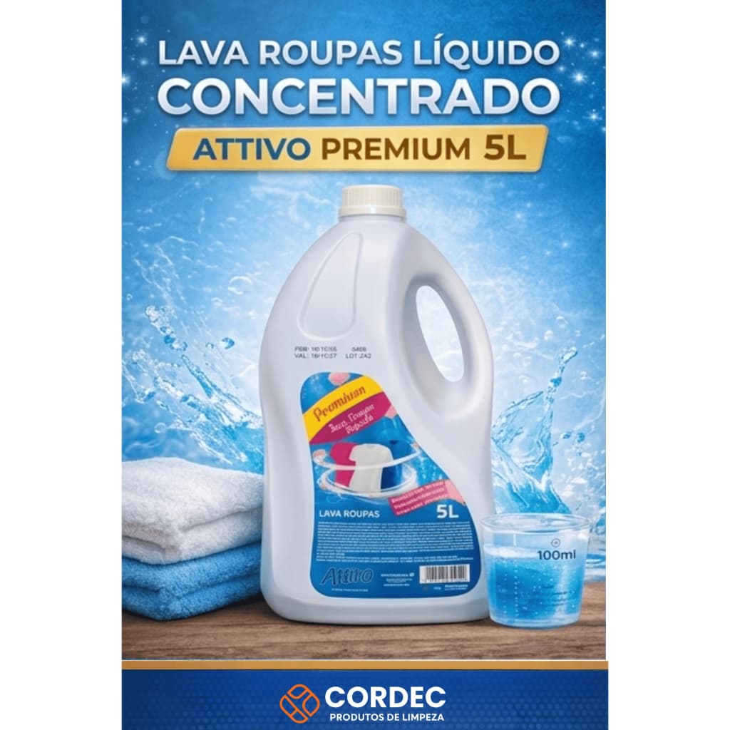 Lava Roupas Líquido Concentrado 5L Attivo Premium – Alto Rendimento | Não Desbota | Limpeza Profunda | Profissional