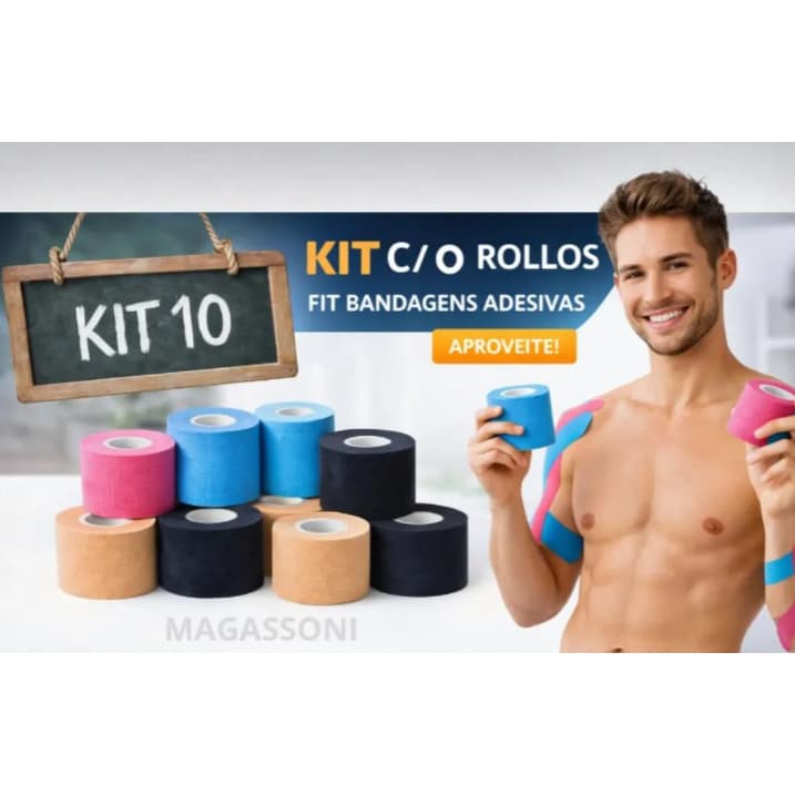 kit 10 Bandagem Elástica 5cm X 5m - Fita Kinesio Tape Fisioterapia Ortopedia