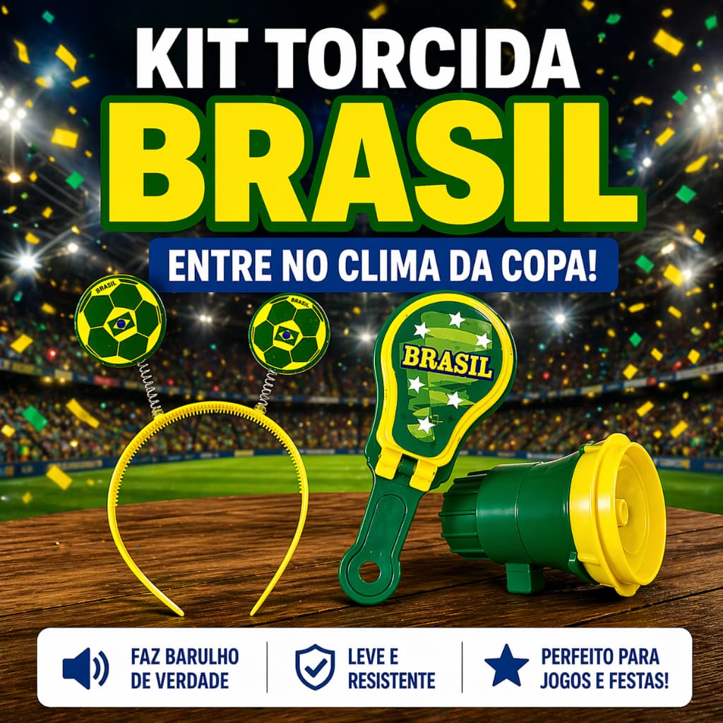 Kit Torcida Brasil Copa 2026 Tiara + Corneta + Bate Palma Festa Jogos Futebol