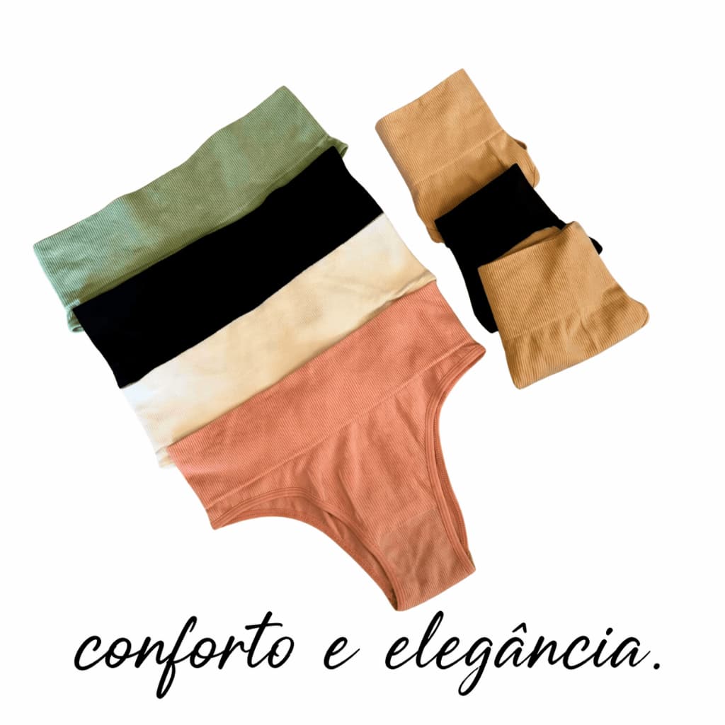 Kit Calcinhas  Cos Alto Poliamida Canelada Tanga Conforto Aperta Barriga