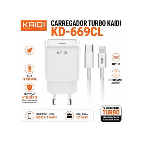 Carregador Rápido Kaidi KD-669CL Tipo-C Lightning Top