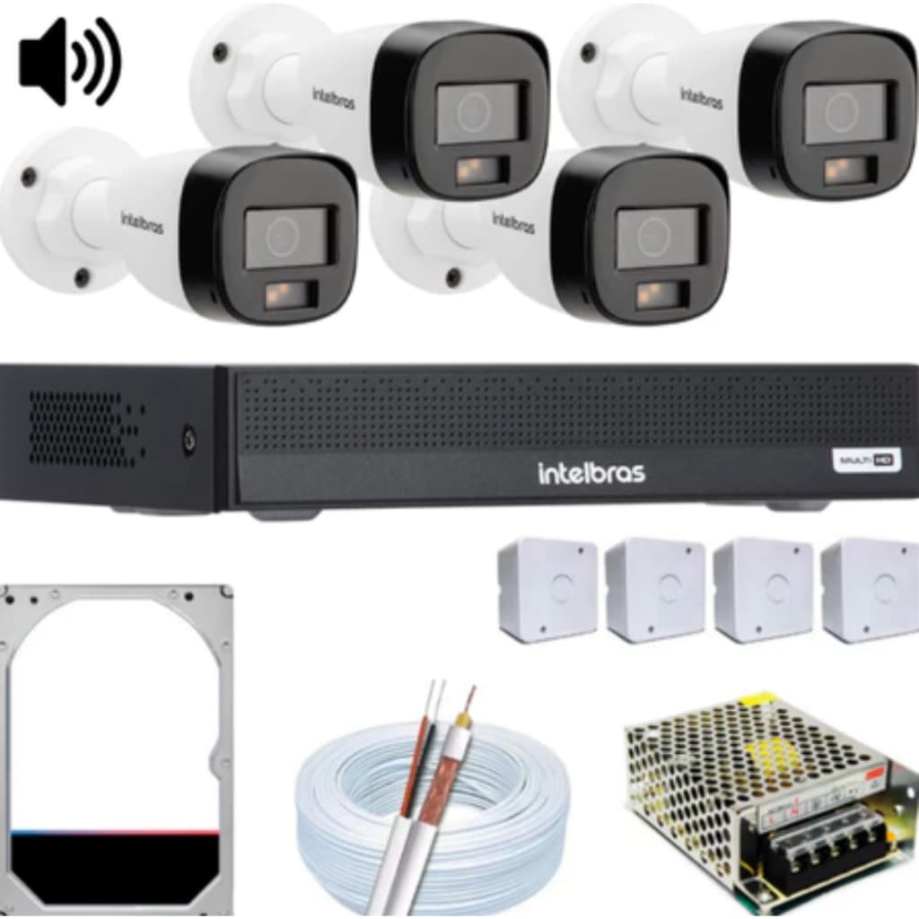 Kit 4 câmeras com audio intelbras hd 1tb dvr 4 canais 1204-c